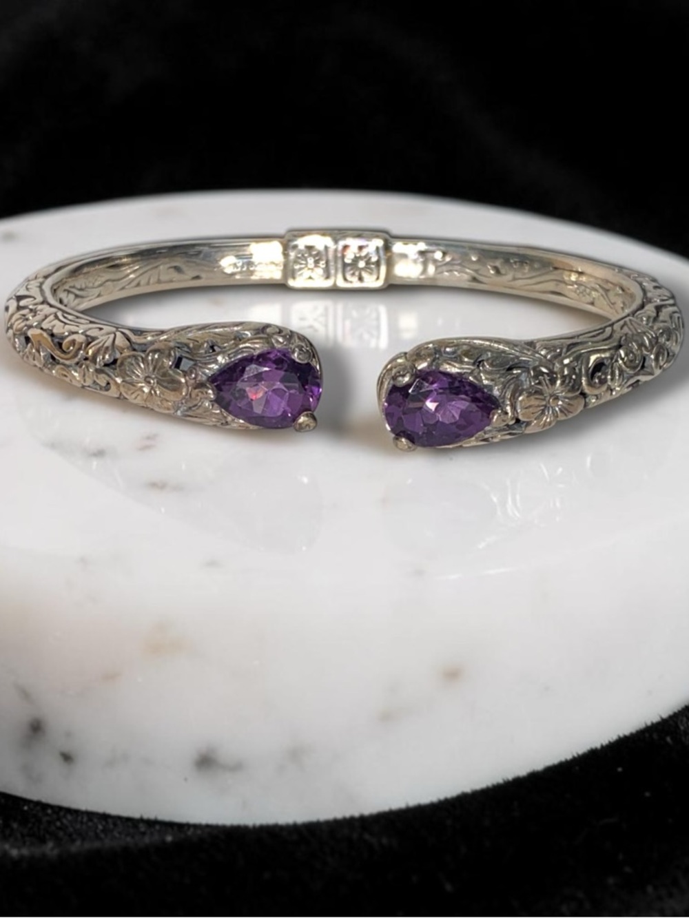 Estate Embossed Sterling Silver 925 Amethyst Cuff Hinged Bangle Bracelet! - Picture 3 of 16